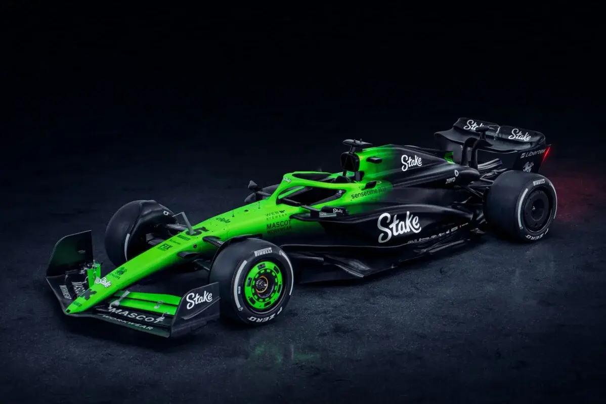 Studio image of the Sauber C45 Formula 1 car, front view, featuring Stake branding and aerodynamic design under controlled lighting conditions.