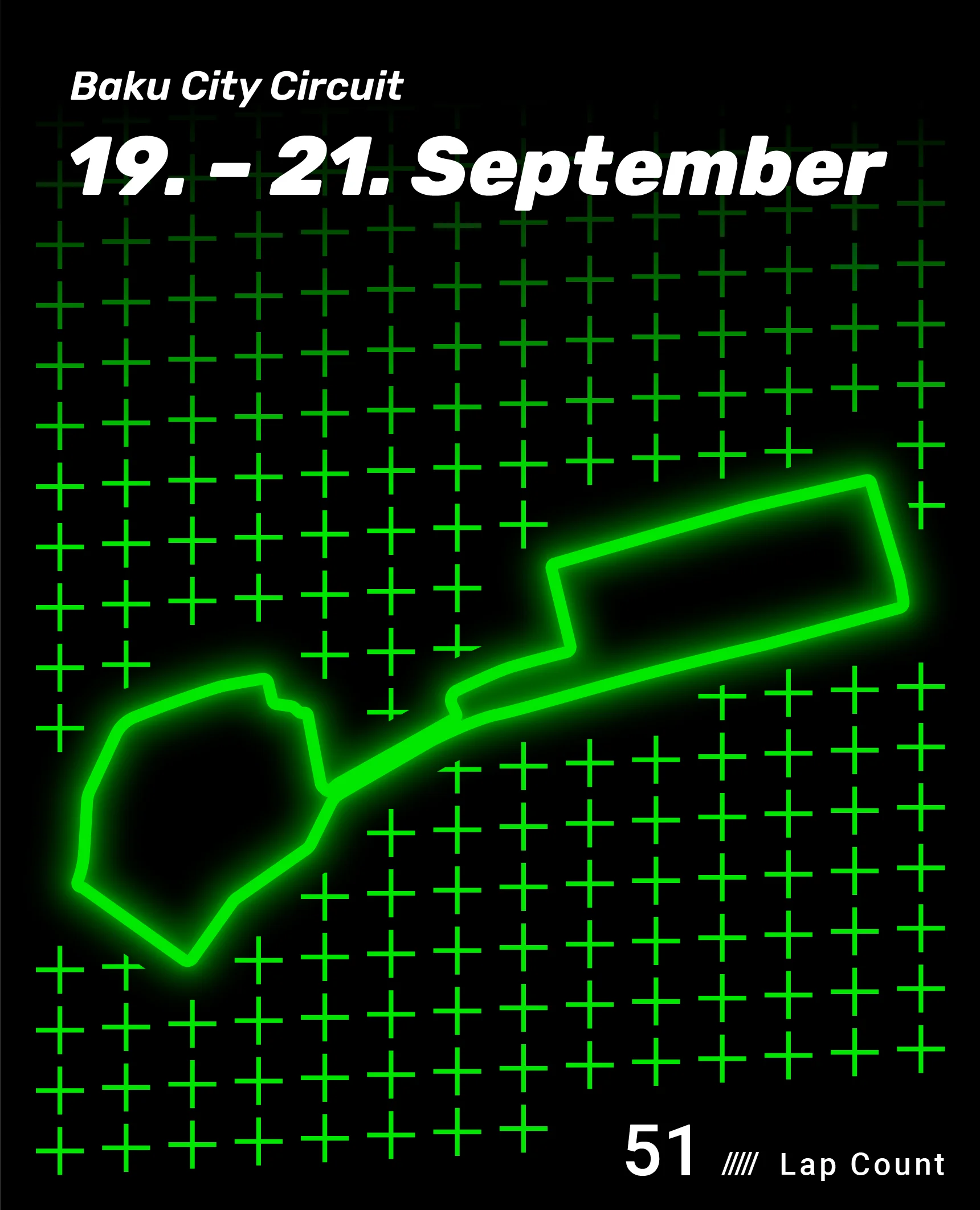 Baku City Circuit track layout for the Sauber F1 Racing Schedule, featuring the challenging street circuit known for its high-speed straights and technical corners in Azerbaijan.