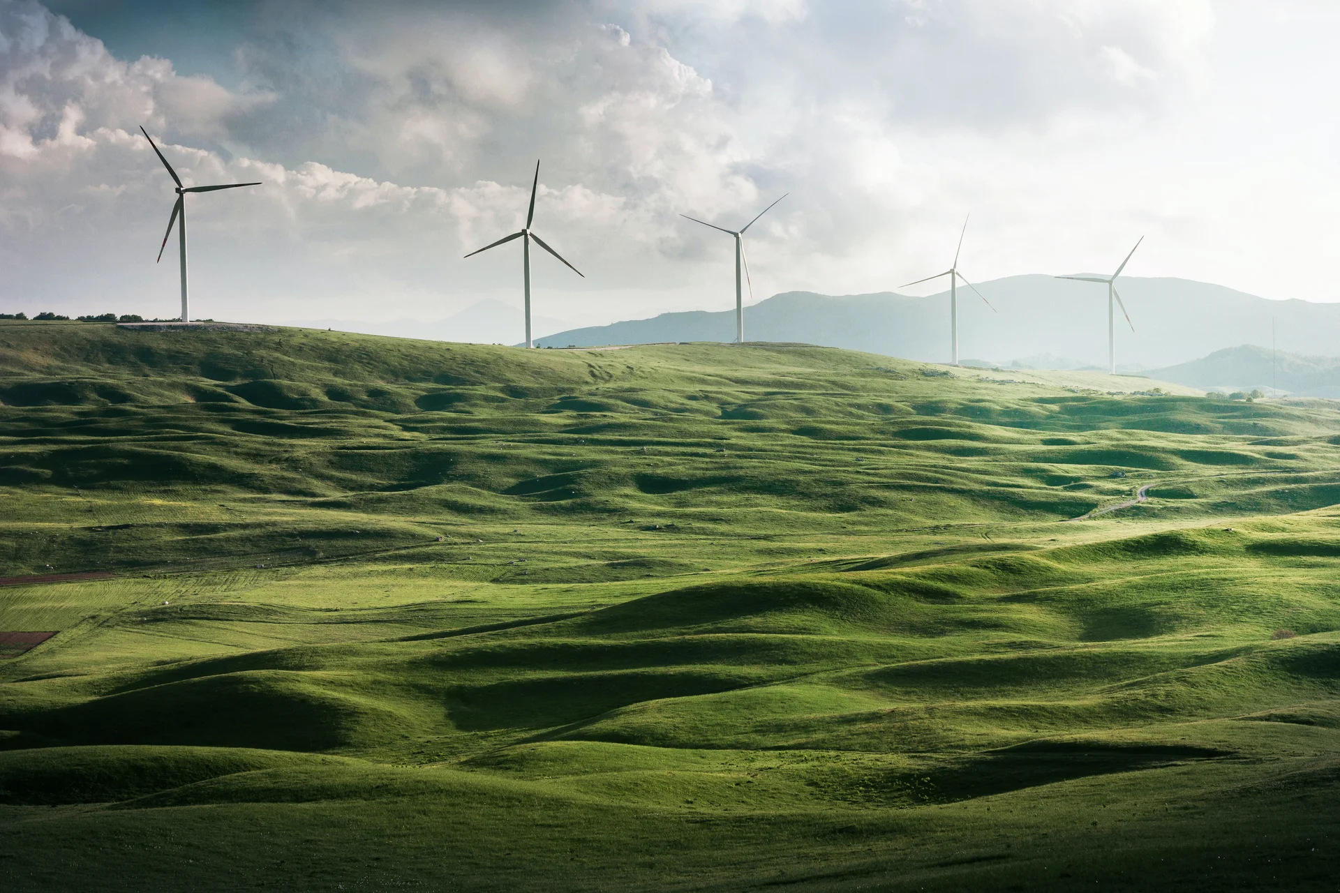 A scenic landscape of green fields with multiple wind turbines in the background, generating renewable energy under a cloudy sky.