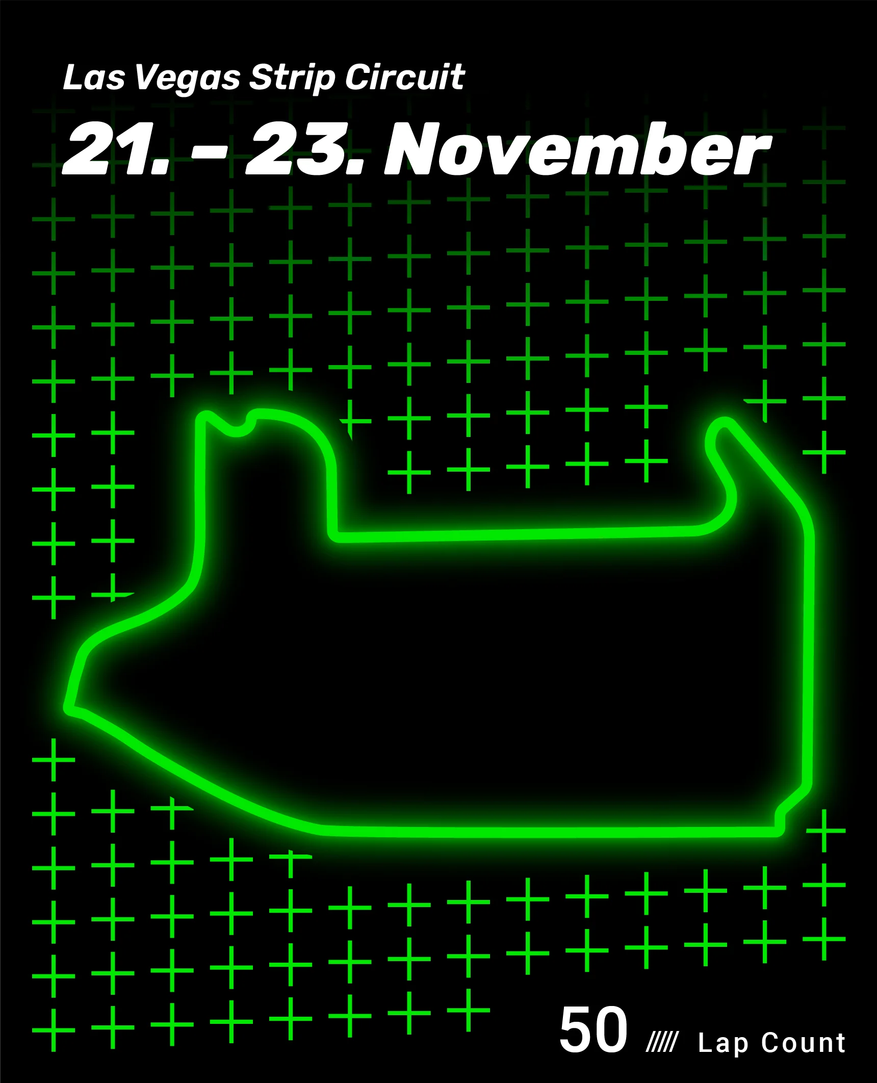 Las Vegas Strip Circuit track layout for the Sauber F1 Racing Schedule, showcasing the thrilling night race through the iconic Las Vegas Boulevard with high-speed straights and tight corners.