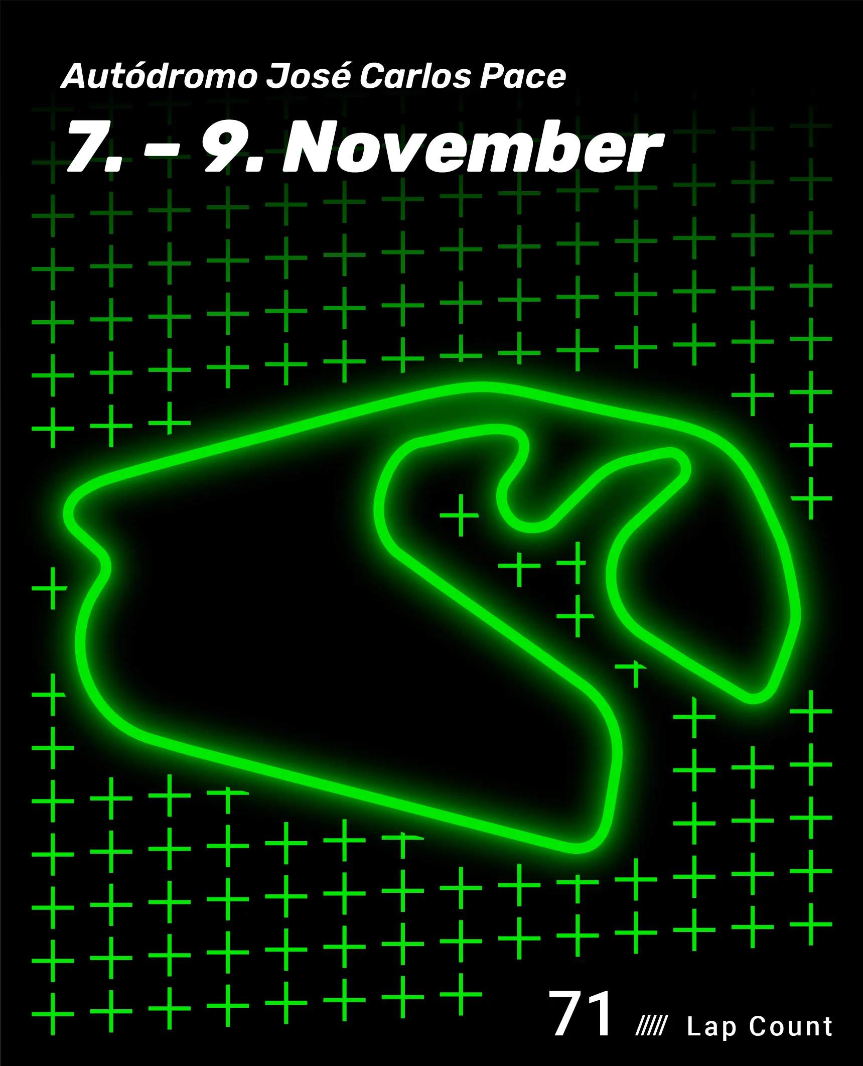 Autodromo Jose Carlos Pace track layout for the Sauber F1 Racing Schedule, showcasing the legendary Interlagos circuit in Brazil, known for its fast corners and elevation changes.