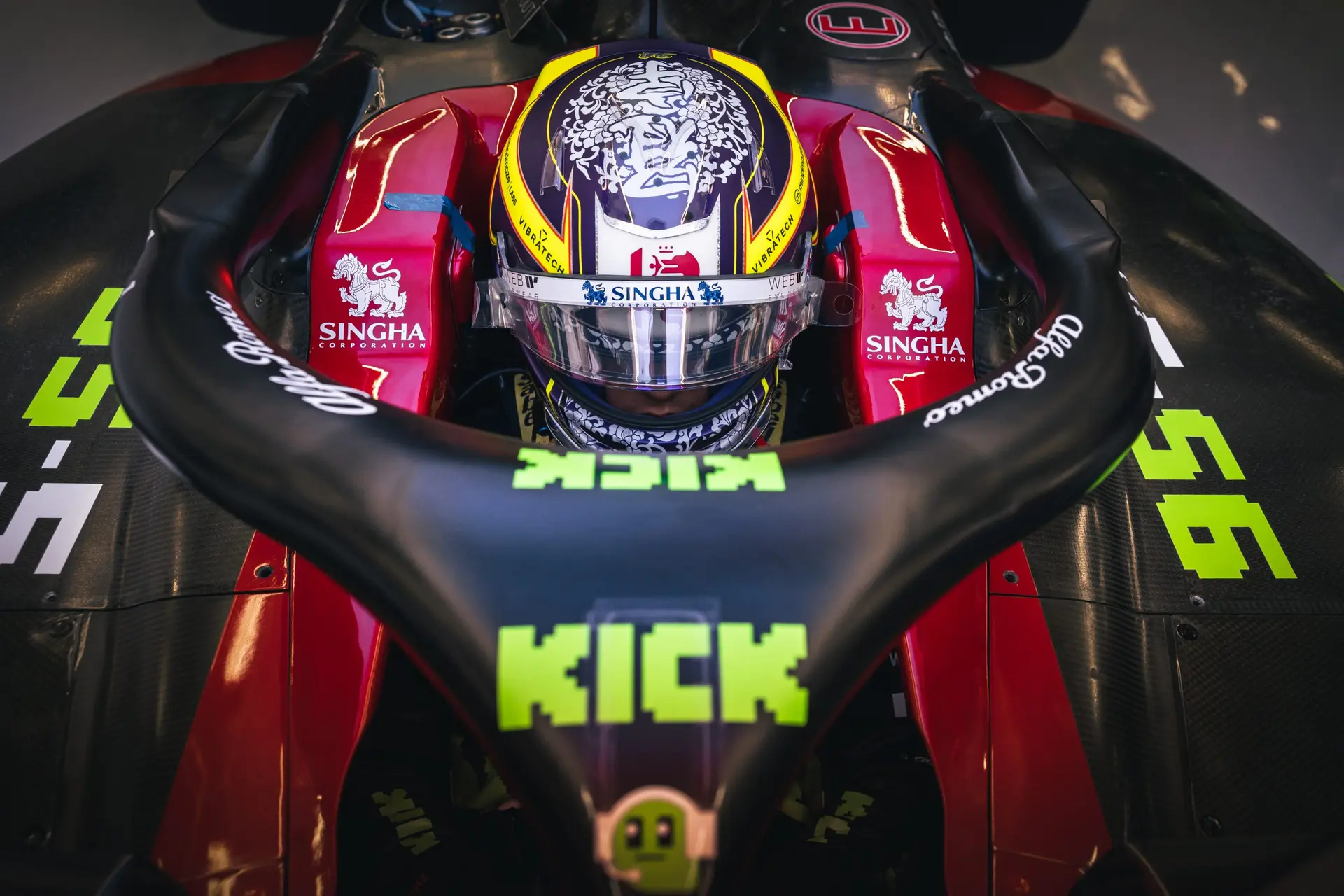 A close-up of the Sauber F1 car with Kick branding during the 2023 Belgian Grand Prix Thursday media day at Spa-Francorchamps.