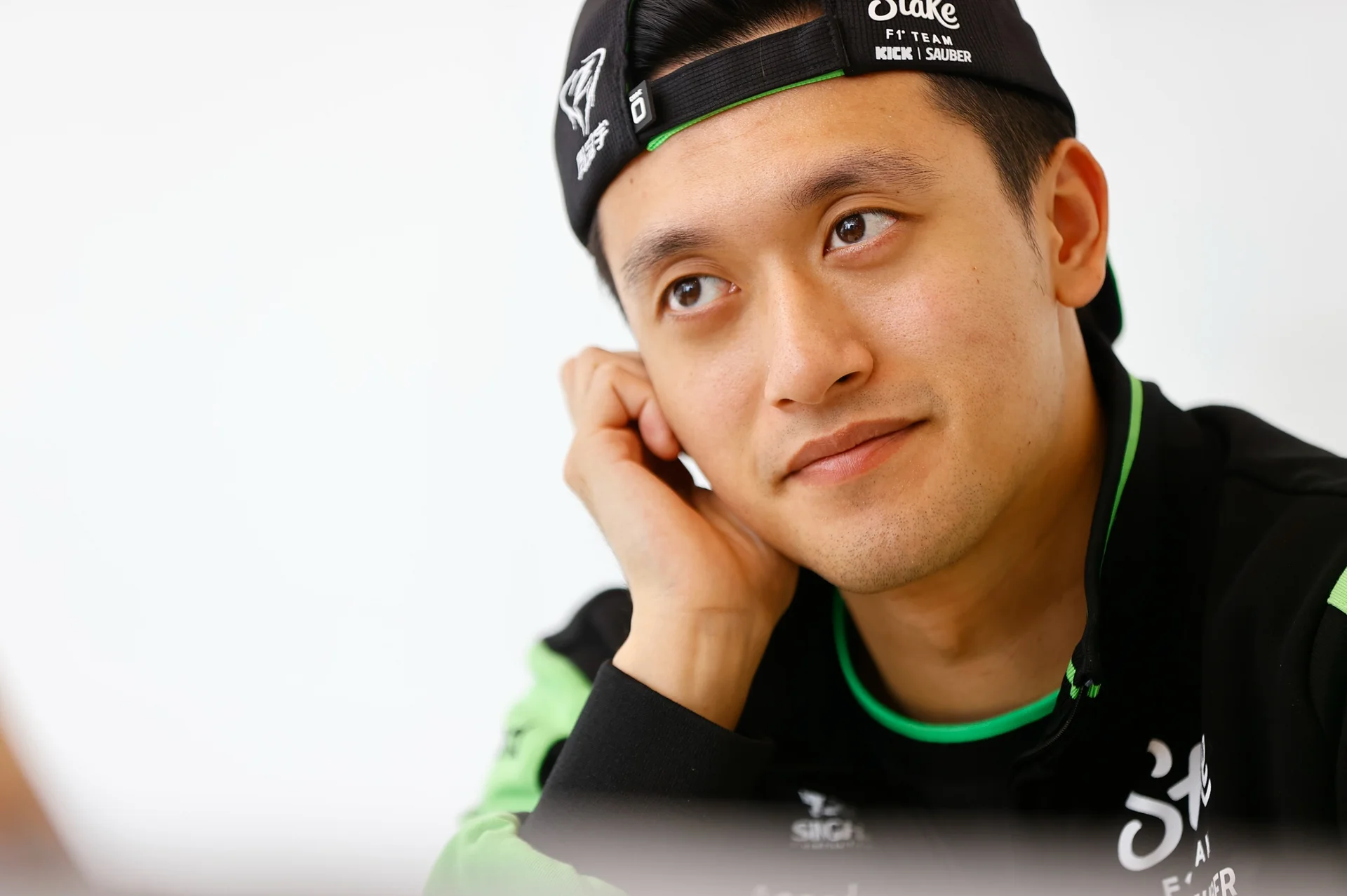 Portrait of Zhou Guanyu wearing Sauber F1 team apparel during a media event on November 6, 2024, ahead of the upcoming Formula 1 race weekend.
