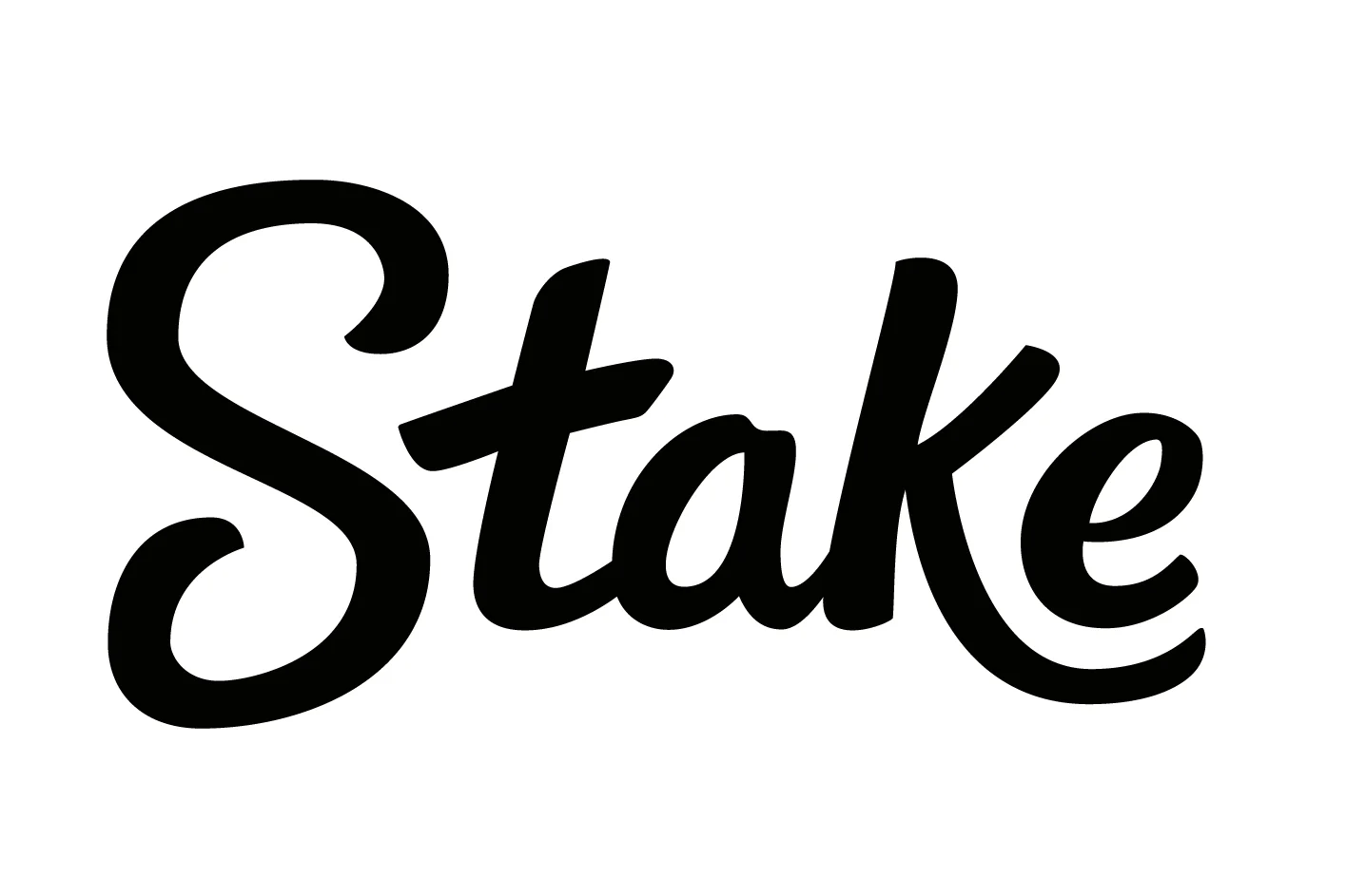 "Stake" logo in a black, stylized handwritten font on a white background.